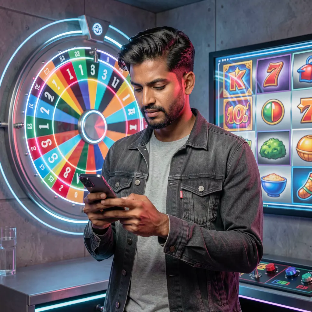 Confident Bangladeshi man checking the JYJILY casino app on his phone with a glowing roulette wheel behind him symbolizing premium mobile gaming