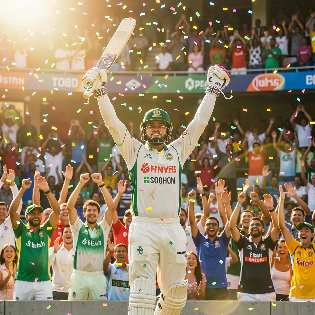 Cricket player celebrating a winning moment with raised arms and cheering fans highlighting the excitement of live cricket betting with JYJILY in Bangladesh