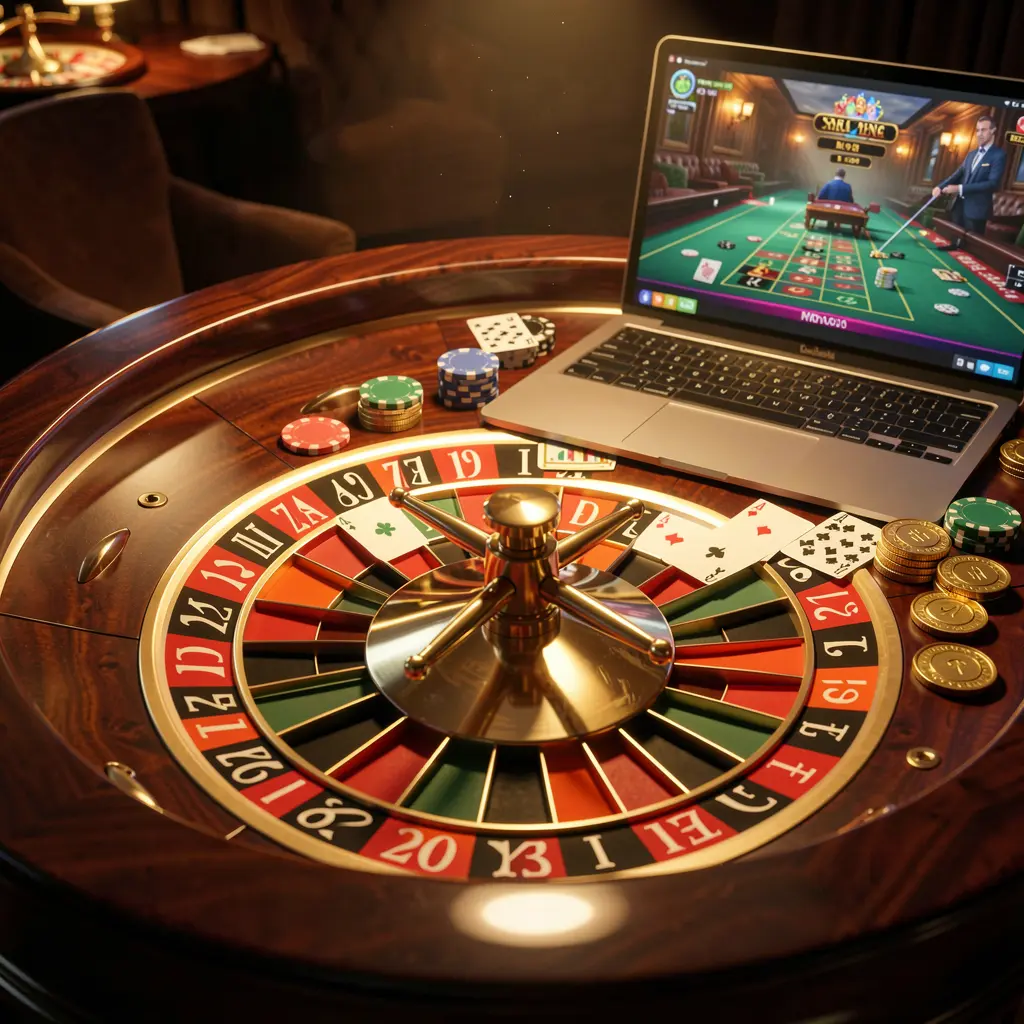Luxurious online roulette scene with casino chips and a spinning wheel on a laptop screen representing the premium live casino experience at JYJILY for players in Bangladesh