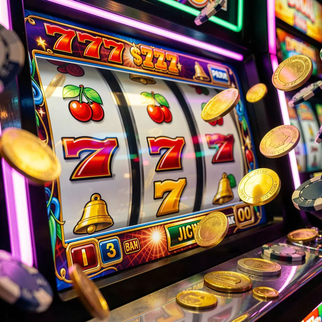 Luxury slot machine with glowing reels jackpot symbols and cascading coins showcasing the high energy slot experience at JYJILY for players in Bangladesh